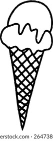 Waffle Cone with Scoops of Ice Cream, Black vector on a transparent background, hand drawn ice cream in a waffle cone
