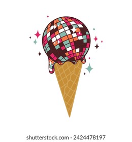 A waffle cone with a sparkling disco ball in the shape of an ice cream scoop. Vector illustration in retro style