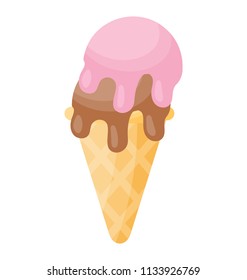 
A waffle cone with strawberry ice cream having chocolate topping 
