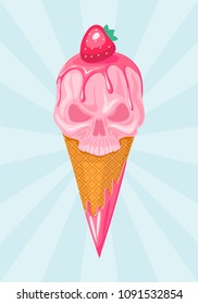 Waffle cone with strawberry pink ice cream in the shape of a skull