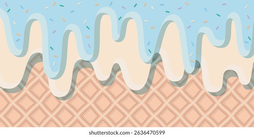 Waffle cone texture, cold dessert melting into cream and blue color vector background