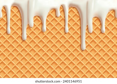 Waffle cone texture. Realistic vanilla ice cream dripping drops, white melted cold sweet dessert, summer refreshing taste, vector background