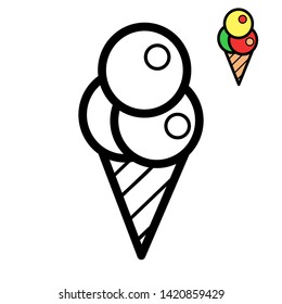 Waffle cone with three balls of ice cream black and white line art icon. Coloring book page for kids. Summer fast food vector illustration for gift card, flyer, banner, icon, logo, patch, sticker
