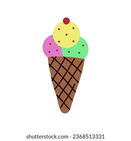 Waffle cone with three balls of ice cream, ice cream in a waffle cup drawing isolated on white background. EPS 10 vector illustration.