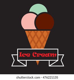 Waffle cone with three ice cream types. Chocolate, berry and pistachio ice cream. Ribbon, black background. Vector Image. Shadow. Icon.
