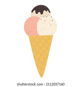 Waffle cone with three scoops of ice cream. Sweet, cold product for summer. Vector illustration in cartoon style. Isolated on white background.