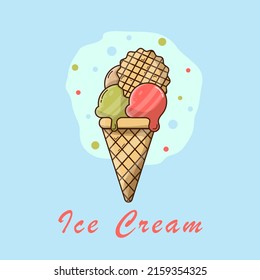 Waffle cone with three scoops of ice cream with different flavors. Colorful icecream balls with waffle. Colored flat vector illustration isolated on blue background.