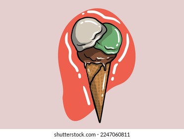 Waffle cone with three scoops of ice cream with different flavors. Colorful icecream balls with sprinkling. Colored flat vector illustration isolated on background.