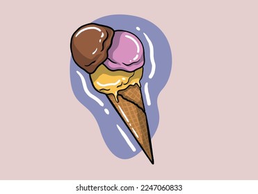 Waffle cone with three scoops of ice cream with different flavors. Colorful icecream balls with sprinkling. Colored flat vector illustration isolated on background.