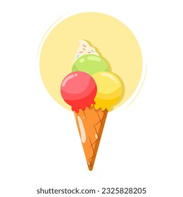 Waffle cone with three scoops of ice cream with different flavors. Colored flat vector illustration 