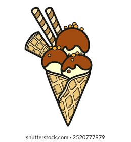 Waffle cone with three scoops of ice cream, glazed and decorated color variation. Image produced without the use of any form of AI software at any stage.