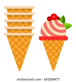Waffle cone tower and striped ice cream ball in waffle cone with cranberry vector flat material design isolated on white