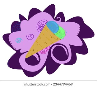 A waffle cone with two colorful scoops of ice cream on a funky violet background. This cartoon illustration can be used as a logotype for cafes, cafeterias, bars and shops. Vector, isolated.