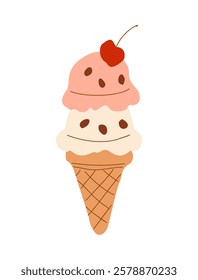 Waffle cone with two scoops of ice cream with different flavors. Colorful icecream balls with sprinkling. Colored flat vector illustration isolated on white background