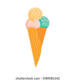 A waffle cone with various fruit ice cream scoops. Green, yellow and pink gelato or sorbet. Vector illustration in flat cartoon style isolated on white.
