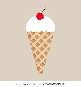 Waffle cone with white ice cream and vibrant red cherry. Vector illustration for food related content or advertisements