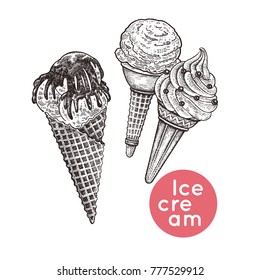 Waffle cones with ice cream set. Isolated dessert with pieces of chocolate and icing. Black and white. Vintage engraving. Vector illustration. Realistic hand drawing for menu of cafes, restaurants