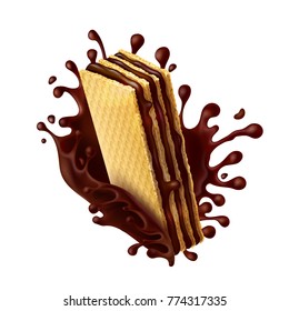 Bolachas de waffle com recheio de chocolate e respingo de chocolate derretido ilustração vetorial realista isolada no fundo branco. Mock up para embalar doces, elemento de design para propaganda propaganda propaganda propaganda