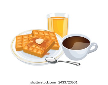 Waffle, cup of coffee and orange juice drink vector illustration. Cup of coffee and waffles with syrup icon set vector isolated on a white background. Sweet breakfast still life