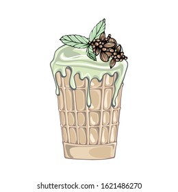 Waffle cup Ice cream with pistachio, nuts and mint. Sweet dessert. Isolated white background. Vector illustration.