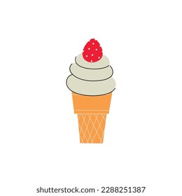 Waffle cup with ice cream and strawberry. Sweet tasty food. Vector illustration. Isolated element on white background.