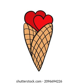 Waffelbecher aus Eis mit zwei Herzen für Liebeskartendesign