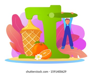 Waffle Cup Orange Ice Cream Machine.Cartoon Character Worker Of Ice Cream Factory. Tropical Frozen Citrus Dessert.Vector Flat Illustration.Delicious Frozen Yogurt.