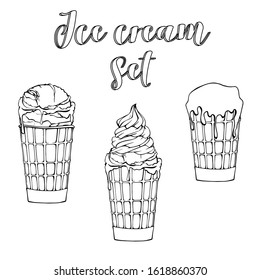 Waffle cup set. Sketch ice cream objects, hand drawn ice creams. Sweet dessert. Isolated white background. Vector illustration.