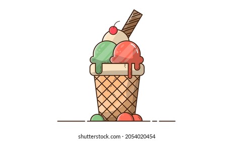 Waffle cup with three multi-colored balls of melted ice cream, a straw and a cherry on a white background. Vector illustration