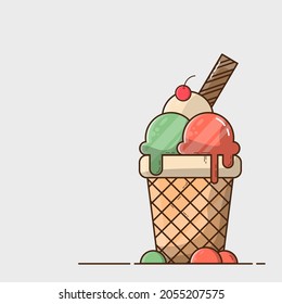 Waffle cup with three multi-colored balls of melted ice cream, a straw and a cherry. With copy space. Vector illustration