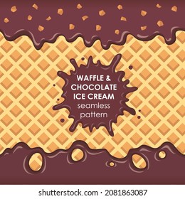 Waffle with dripping chocolate ice cream. A creamy drop. Seamless border pattern.