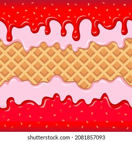 Waffle with dripping strawberry jam. Melting ice cream. Seamless pattern.