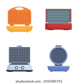 Waffle equipment icons set cartoon vector. Various electric waffle maker. Kitchen appliance