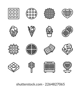 Waffle flat line icons set. Cream dessert and chocolate food. Simple flat vector illustration for web site or mobile app