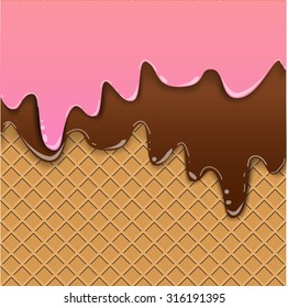 Waffle with flowing chocolate and jam, background, vector