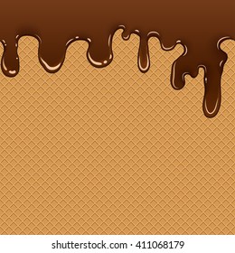 Waffle with flowing chocolate seamless background, vector