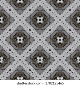 Waffle geometric seamless pattern. Textured ornamental tapestry vector background. Repeat embroidery rhombus ornament. Embroidered texture. Grunge monochrome design with stripes, zigzag lines, shapes.