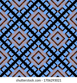 Waffle geometric vector seamless pattern. Geometrical grunge background. Rhombus dirty ornaments with dots. Symmetrical tribal ethnic design. Repeat patterned abstract backdrop. Endless texture.
