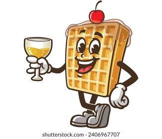 Waffle with a glass of drink cartoon mascot illustration character vector clip art