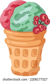 waffle glass of sorbet with wild berries, ice cream illustration