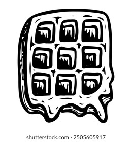 Waffle hand drawn doodle. Soft cookie. Baked biscuit. Sweet dessert food. Confectionery sugar pastry. Bakery product. Vector outline line art illustration.