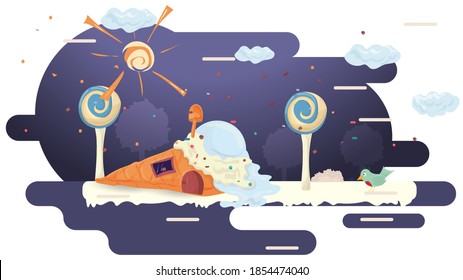 waffle house ice cream, on glazurovki a clearing among the trees, flat vector illustration for design