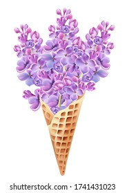Waffle ice cream cone filled with lilac flowers. Vector