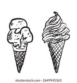 Waffle ice cream cones in black brush stroke texture isolated on white. Hand drawn vector sketch illustration in vintage charcoal ink. Summer, dessert, menu design, print, sticker