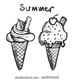 Waffle ice cream cones with cherry in black brush stroke texture isolated on white. Hand drawn vector sketch illustration in vintage charcoal ink. Summer, dessert, menu design, print, sticker