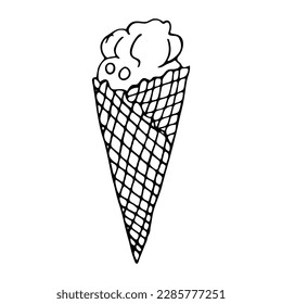 Waffle ice cream in doodle style on an isolated white background.