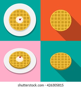 Waffle with ice cream on plate in flat style