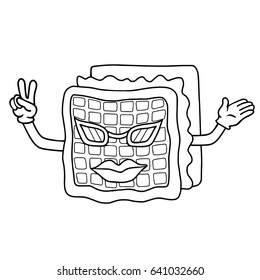 Waffle icon for menu, cafe and restaurant. Coloring book isolated on white background. Cartoon hipster girl character with make up, sunglasses and hand gesture.
