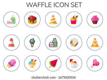 waffle icon set. 15 flat waffle icons. Included cream, cone, pancake, ice cream, breakfast, muffin icons