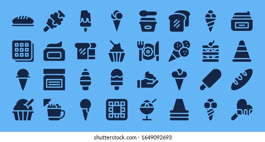 waffle icon set. 32 filled waffle icons. Included Bread, Waffle, Ice cream, Cream, Breakfast, Cone icons